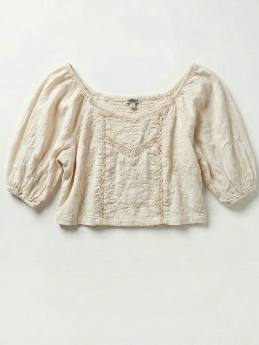 American Eagle Women Crop Top Beige Short puff Slevees Milkmaid Boho Summer